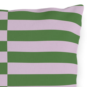 A square outdoor throw pillow with a striped pattern in lilac and green colors.