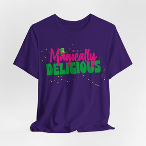 Navy blue t-shirt with 'Magically Delicious Funny St. Patrick's Day' design on a white background