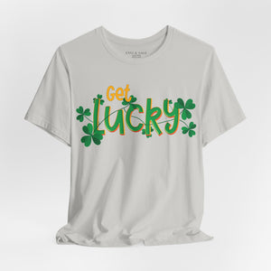 Silver t-shirt with 'Get Lucky Funny St. Patrick's Party' design on a white background