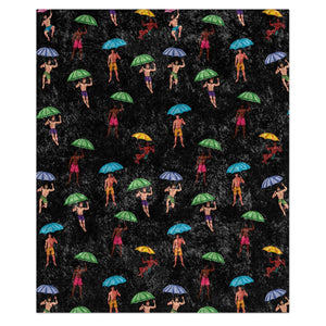 Patterned blanket with men holding umbrellas on a black background