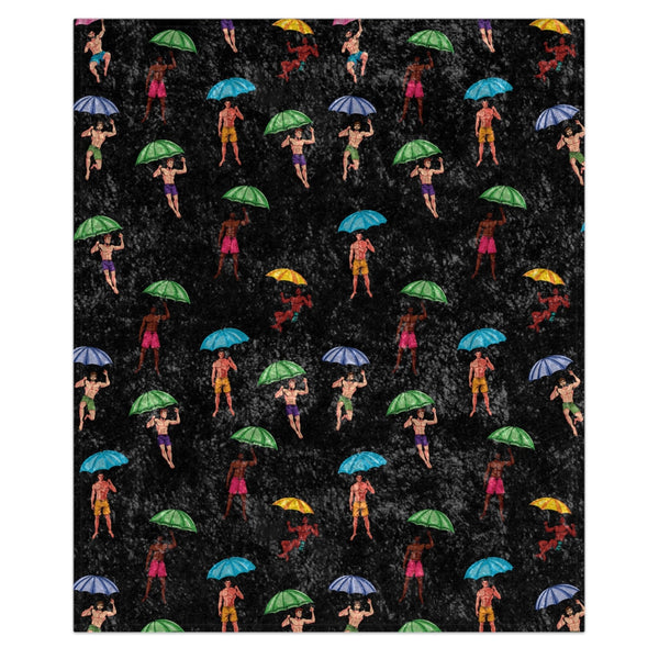 Patterned blanket with men holding umbrellas on a black background