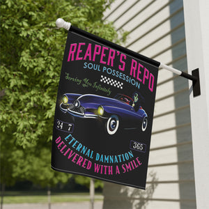 Garden flag with 'Grim Reapers Car Repo Halloween' design