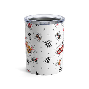 mug with 'Deck of Cards Queens Insulated Travel 10oz' graphic on a white background