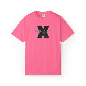 Pink t-shirt with embroidered Gen X  text on a white background