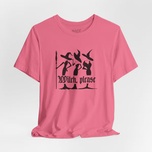 Pink t-shirt with witch graphic and 'Witch Please' text on a white background