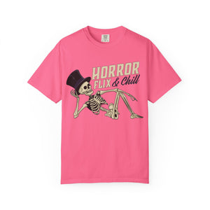 Pink t-shirt with 'Horror Flix & Chill Skeleton Halloween' design on a white background
