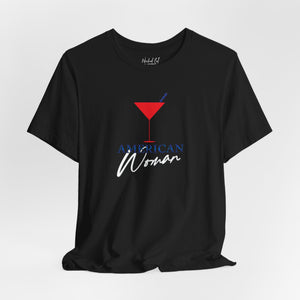 Gold t-shirt with 'American Woman Patriotic Martini July 4th' design on a white background