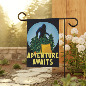 Garden flag with 'Adventure Awaits Bigfoot Camping Funny' design