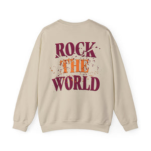 The back of a tan sweatshirt that says Rock the World on a white background.