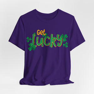 White t-shirt with 'Get Lucky Funny St. Patrick's Party' design on a white background