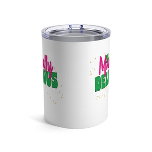 mug with 'Magically Delicious Funny Insulated Travel 10oz' graphic on a white background