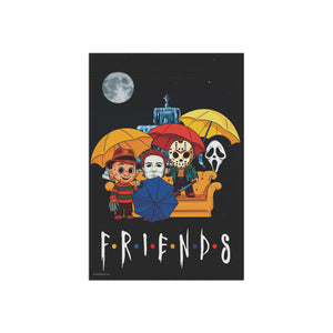 A vertical art print featuring a parody of the 'Friends' and characters under a full moon, displayed on a clean white background.