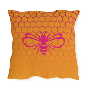 throw pillow with 'Honeycomb Bee Reversible Pink & Orange' design