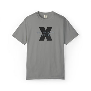 Grey t-shirt with embroidered Gen X  text on a white background