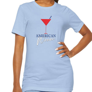 Dark grey t-shirt with 'American Woman Patriotic Martini July 4th' design on a white background