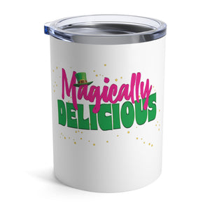 mug with 'Magically Delicious Funny Insulated Travel 10oz' graphic on a white background