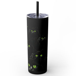 Matte mug with 'Bewitching Black Cats Eyes Halloween Insulated Tumbler 20oz' graphic on a white background
