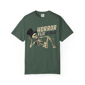 Purple t-shirt with 'Horror Flix & Chill Skeleton Halloween' design on a white background