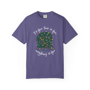 purple t-shirt with a graphic of a tangled ball of lights with text It's fine, this is fine, everything is fine.