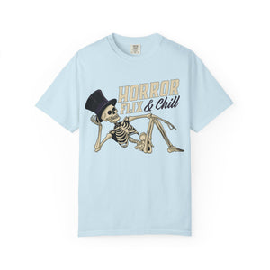 Periwinkle t-shirt with 'Horror Flix & Chill Skeleton Halloween' design on a white background