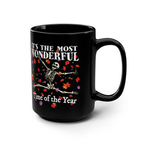 mug with 'The Most Wonderful Time of the Year Halloween' graphic on a white background