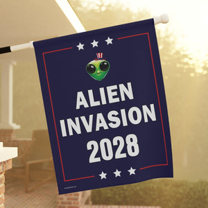Decorative flag with 'Alien Invasion 2028' text and alien graphic on a house exterior.