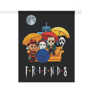 A vertical black decorative flag or poster hanging from a white rod, featuring stylized horror character illustrations under a moonlit sky and the word 'FRIENDS' in the Friends logo font at the bottom.