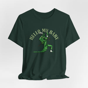 Navy short-sleeve crewneck t-shirt featuring a green alien dancing, with the text 'HELLO MY BABY' arched above it, displayed on a light gray background.
