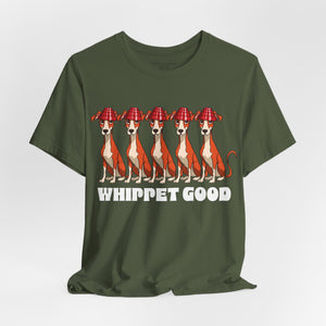 Military green t-shirt with 'Whippet Good Devo 80's Music Funny' design on a white background