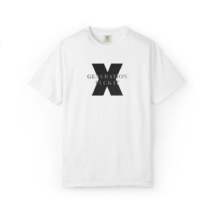 White t-shirt with embroidered Gen X  text on a white background
