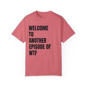 Black t-shirt with 'WTF Funny Sarcastic' design on a white background