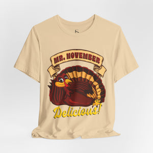 White t-shirt with 'Mr. November Turkey Funny Thanksgiving' design on a white background