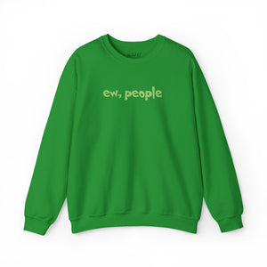 Green sweatshirt with 'ew, people' embroidered on the front on a white background.