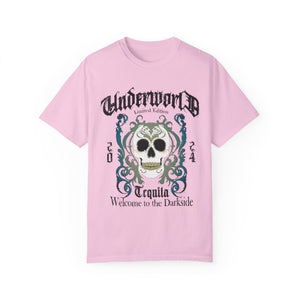 Burnt orange t-shirt with 'Tequila Lovers Sugar Skull' design on a white background