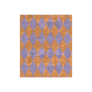 Harlequin pattern with orange and purple diamonds on a white background