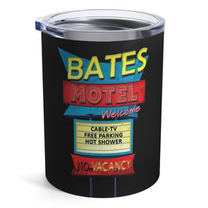 mug with 'Bates Motel Psycho Sign Insulated Travel 10oz' graphic on a white background