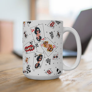 mug with 'Playing Cards The Queens' graphic on a white background