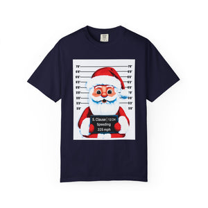 Navy blue t-shirt with a graphic of Santa Claus in a mugshot style design on a white background.