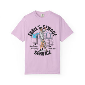 Light pink t-shirt with logo graphic and text 'Eddie's Sewage Service You Dump We Pump Since 1989'.