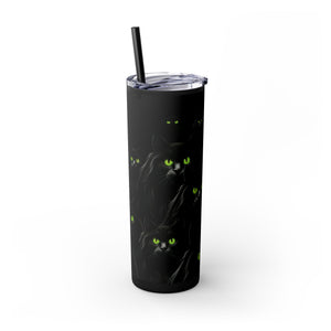 mug with 'Bewitching Black Cats Eyes Halloween Insulated Tumbler 20oz' graphic on a white background