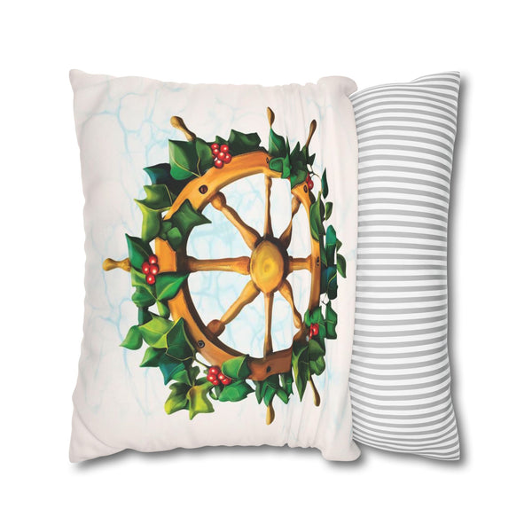 Coastal Christmas Nautical Wheel Faux Suede Pillow Cover