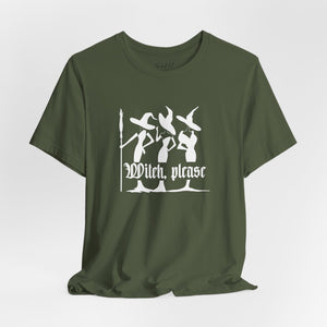 Green t-shirt with witch graphic and 'Witch Please' text on a white background
