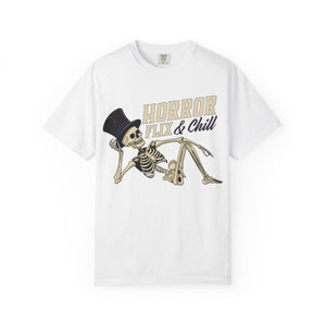 Light blue t-shirt with 'Horror Flix & Chill Skeleton Halloween' design on a white background