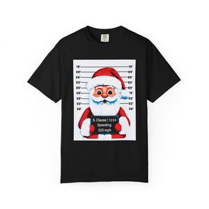 Black t-shirt with a graphic of Santa Claus in a mugshot style design on a white background.