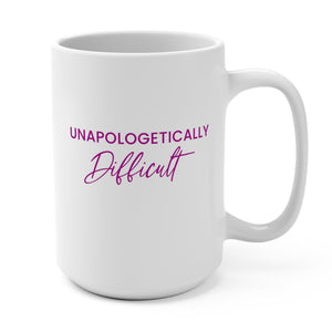 A white ceramic mug with the phrase 'UNAPOLOGETICALLY Difficult' printed on the front in purple, shown on a clean white background.