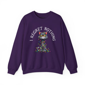 Purple sweatshirt with a graphic of a cat tangled in Christmas lights and text the says 'I Regret Nothing'.