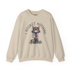 Tan sweatshirt with a graphic of a cat tangled in Christmas lights and text the says 'I Regret Nothing'.