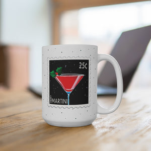 mug with 'Merry Martini Postage Stamp Christmas 15oz' graphic on a white background