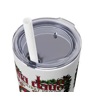 Clear tumbler with a straw featuring a Christmas-themed design on a white background