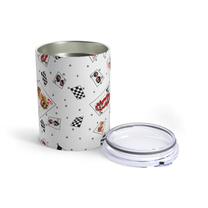 mug with 'Deck of Cards Queens Insulated Travel 10oz' graphic on a white background